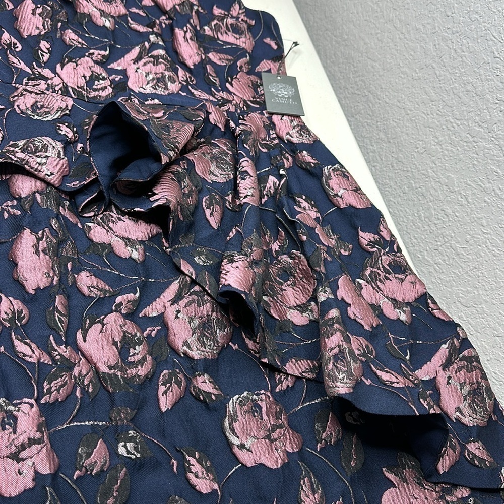 NWT‎ Vince Camuto Navy Floral Jacquard Ruffle Cocktail Dress Size 4 - Picture 7 of 14
